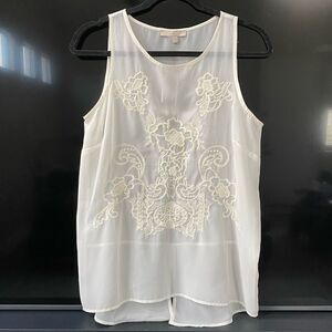 Nwt Joan Vass Studio Women's Ivory Embroidered Floral High-Low Hem Tank Top